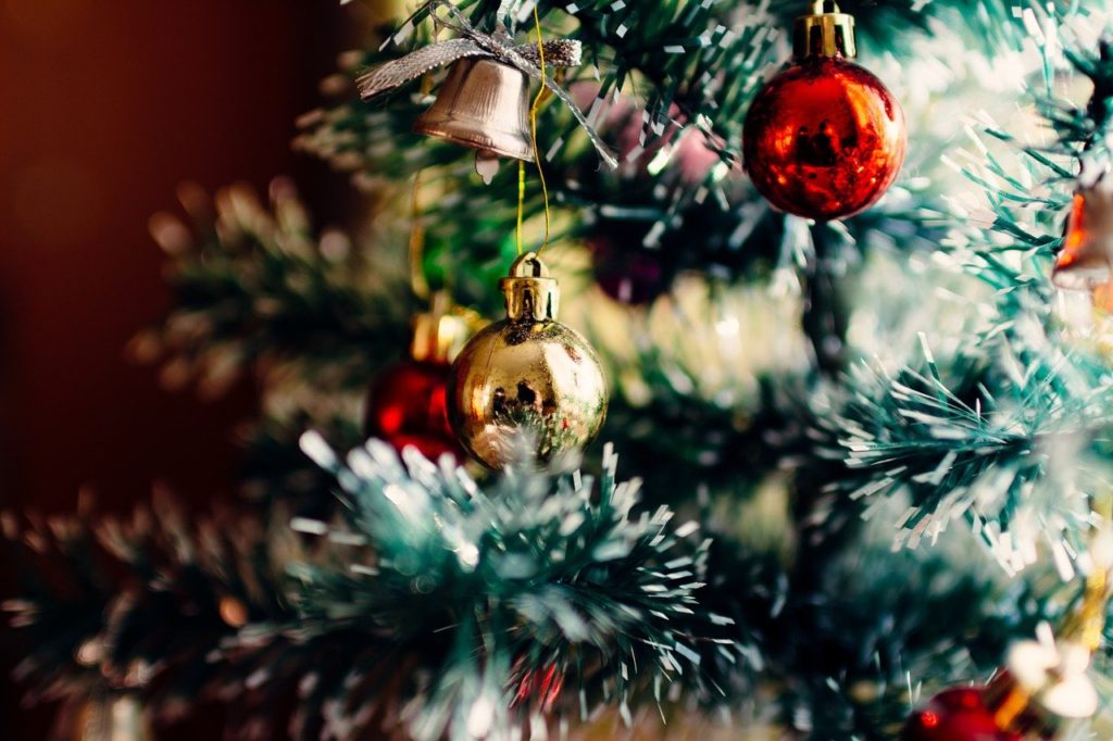 Ornaments hanging on a Christmas tree
